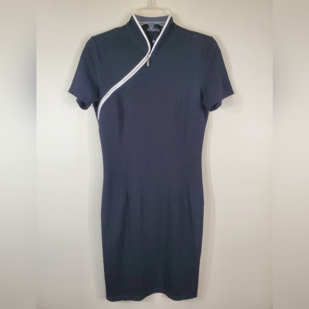 Blue and White Asymmetrical Wrap Mini Dress with Mock Neck